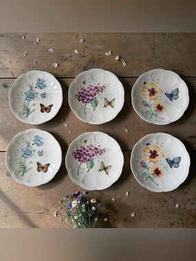Lenox Butterfly Meadow Party Scalloped Plates Set of 6, 3 Designs Spring 6.25”
